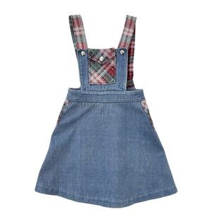 Vintage St Michael Girl's Denim Jumper Dress with Plaid Tartan Details
